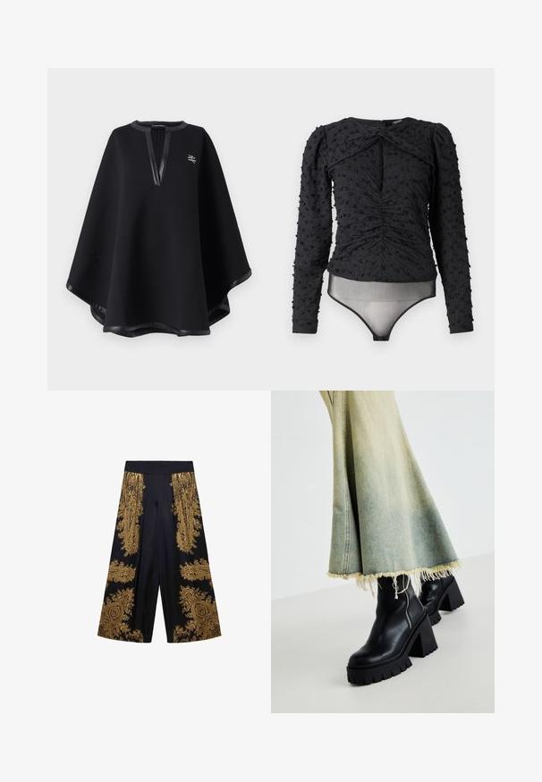 Musta poncho pehmest kangast, millel on sügav V-kujuline kaelus kunstnahast ääre ja jõulise logoga. Sile, tekstureeritud viimistlus.; Hofmann Copenhagen EXCLUSIVE ALEXANDRA - Pluus - black; Mustad kulotid kuldsete paisleide mustriga külgedel, laia säärte disainiga ja elastse vöökohta. Sile tekstuur.; Mustad musta nahast pahkluu saapad koos paksu tekstuuriga tallaga, kombineeritud pleekinud teksaseelikuga, millel on rebendite servad. Küljel on lukuga detail.