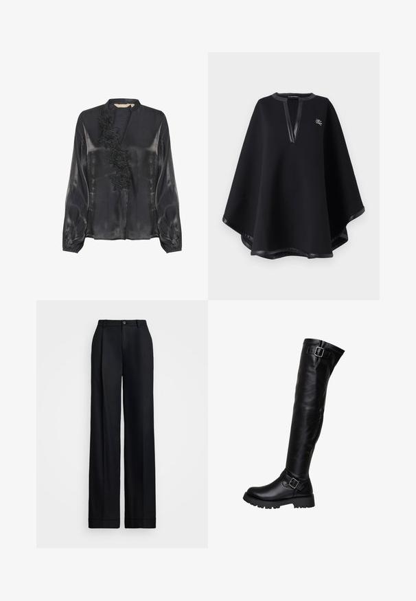 Poncho negro hecho de una tela suave, con un escote en V profundo y ribete de cuero sintético, además de un logo bordado. Acabado liso y texturizado.; Culture CUFIOLA - Blusa - black; Pantalones de pierna ancha negros con un acabado suave, frente plano, trabillas para cinturón y un cierre de botón único en la cintura.; Bota de cuero negra hasta la rodilla con suela gruesa y dos hebillas de plata ajustables, una cerca del tobillo y otra en la parte superior del cañón.