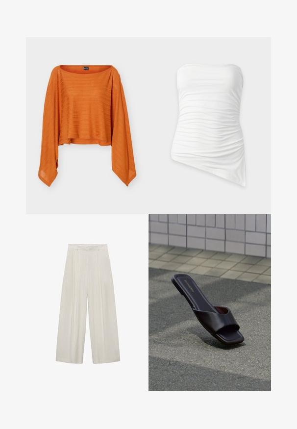 Camiseta de manga larga naranja de corte holgado con un escote amplio y un dobladillo asimétrico, confeccionada en tela texturizada y ligera.; Top blanco sin tirantes con fruncidos y dobladillo asimétrico, ajustado y con detalle de tela recogida.; Pantalones de pierna ancha en beige claro con rayas verticales blancas. Con cintura alta, frente plisado y textura suave.; Sandalia tipo slide de cuero marrón oscuro con punta cuadrada y tiras anchas, descansando sobre asfalto gris cerca de una acera adoquinada.
