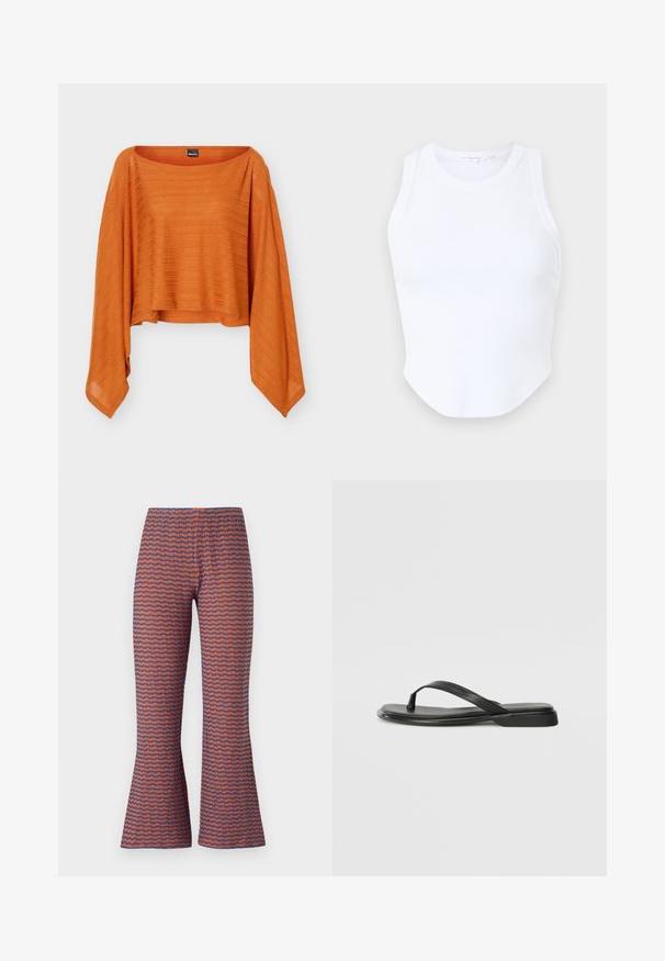 Locker geschnittenes oranges Langarmoberteil mit weitem Ausschnitt und asymmetrischem Saum aus strukturiertem, leichtem Stoff.; Good American MICRO TANK - Top - white; Musterhosen mit weitem Schnitt und Wellenmuster in Orange und Blau, aus texturiertem Stoff mit elastischem Bund für hohen Tragekomfort.; Schwarze Flip-Flops aus glattem Leder, mit einem dünnen Riemendesign und einer flachen Sohle mit minimalem Profil. Keine bemerkenswerten Muster oder Akzente.