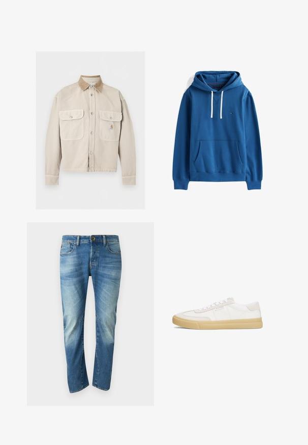 Beige jakke med knapper foran, med to forlommer med klap og en kontrastfuld lys brun kordfløjls krave, med et lille logo på højre lomme.; Blå hættetrøje med hvide snore, kængurulomme og lille flerfarvet logo på venstre bryst mod en hvid baggrund.; Blå, falmede straight-leg denim jeans med fem lommer, knaplukning og synlige sømdetaljer på forsiden.; Hvide sneakers lavet af læder og ruskind, med snørestropper, en tan gummisål og et lille logo på siden.