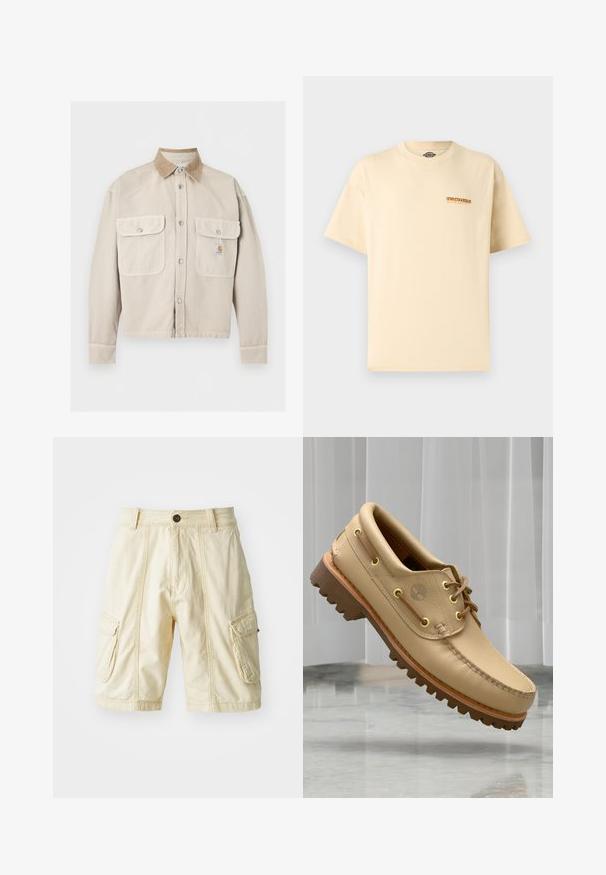 Veste beige à boutons avec deux poches à rabat à l’avant et un col en velours côtelé marron clair contrasté, avec un petit patch logo sur la poche droite.; T-shirt beige à manches courtes Dickies avec petit logo orange et noir sur la poitrine gauche, encolure ronde, design uni.; Shorts cargo à mi-genoux en tissu beige clair avec une fermeture à bouton, deux grandes poches latérales et des détails de coutures visibles.; Chaussure bateau en cuir marron clair avec semelle épaisse et striée et détails de lacets, flottant au-dessus d'un sol en marbre et d'un fond de stores verticaux blancs.