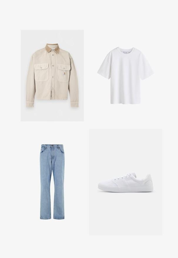 Beige jas met knopen, twee voorflapzakken en een contrasterende lichtbruine corduroy kraag, met een klein logo op de rechterzak.; Effen wit katoenen T-shirt met korte mouwen en een ronde hals, van voren getoond op een witte achtergrond.; Lichtblauwe rechte spijkerbroek met voorzakken, riemlussen en knoopsluiting op een witte achtergrond.; Witte canvas sneakers met een rubberen zool, voorzien van zes oogjes, een gestructureerde neuskap en een minimalistisch ontwerp.