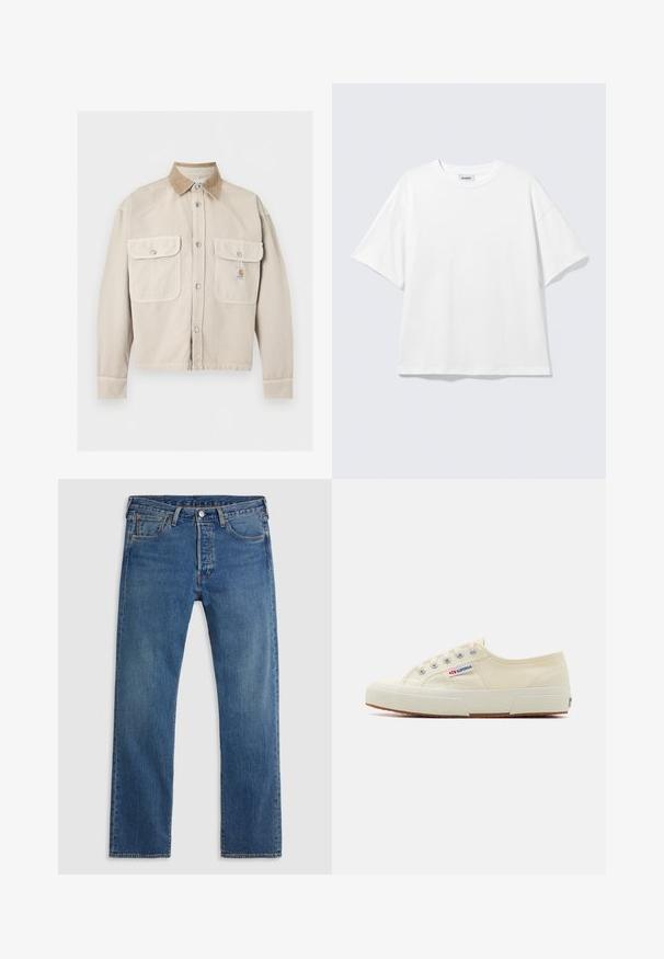 Chaqueta beige con botones, dos bolsillos delanteros con solapa y un cuello de pana marrón claro en contraste, con un pequeño parche de logo en el bolsillo derecho.; Camiseta blanca de gran tamaño con mangas cortas, cuello redondo y hombros caídos, plana sobre fondo gris claro.; Vaqueros de mezclilla azul de pierna recta con cinco bolsillos, presillas para el cinturón y un cierre frontal con botón y cremallera sobre un fondo liso.; Zapatillas de lona beige con un diseño de perfil bajo, ojales de metal y suela de goma. Presenta un patrón texturizado y detalle del logo en el lateral.