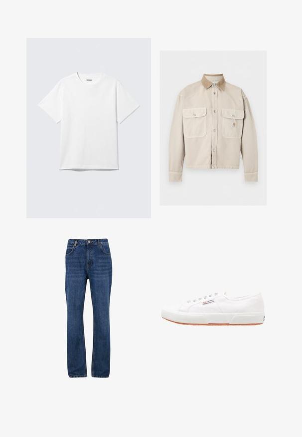 Veste beige à boutons avec deux poches à rabat à l’avant et un col en velours côtelé marron clair contrasté, avec un petit patch logo sur la poche droite.; T-shirt blanc à manches courtes et col rond, étalé à plat, design uni, avec l'étiquette "WEEKDAY" à l'intérieur du col sur un fond clair.; Jeans en denim bleu foncé avec une coupe droite, dotés de poches avant, de passants de ceinture et d'une fermeture à glissière avec bouton.; Baskets en toile blanches avec une semelle en caoutchouc, design à lacets et une petite étiquette logo sur le côté. Tige blanche texturée et semelle extérieure marron.
