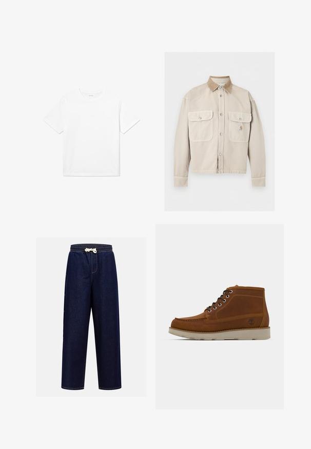 Veste beige à boutons avec deux poches à rabat à l’avant et un col en velours côtelé marron clair contrasté, avec un petit patch logo sur la poche droite.; T-shirt en coton blanc avec des manches courtes, un col rond et un ourlet droit. Texture lisse sans motifs ni accents visibles.; Pantalons jogger en denim bleu foncé avec une taille élastique, un cordon de serrage et des poches latérales, présentant des détails de surpiqûres contrastées.; Bottes en cuir brun mi-hautes avec un bout rond, lacets noirs et une surface texturée. Présentent une semelle de couleur claire et un détail de logo d'arbre.