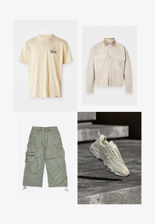 Beige jakke med knapper foran, med to forlommer med klap og en kontrastfuld lys brun kordfløjls krave, med et lille logo på højre lomme.; Cremefarvet bomulds-T-shirt med rund halsudskæring, korte ærmer og et grafisk tryk på venstre bryst, der viser et vintage fjernsyn.; Lysegrønne cargoshorts med flere klaplommer, bæltestropper, knaplukning og justerbare snore ved benåbningerne.; Beige og hvid New Balance-sneaker med mesh- og læderdetaljer, i luften over betontrapper og kaster en skarp skygge.