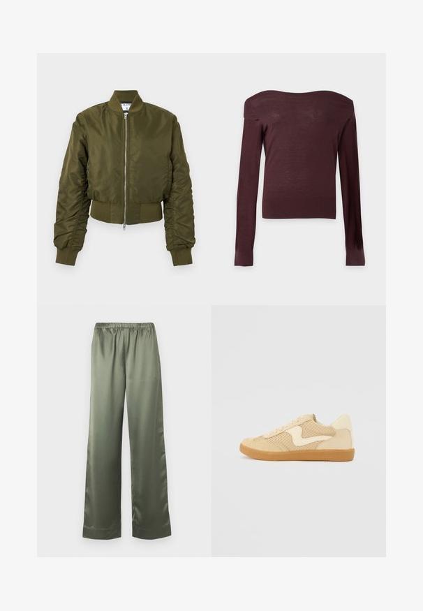 Veste bomber vert olive avec fermeture éclair à l'avant, col, poignets et ceinture côtelés, manches longues légèrement froncées.; Pull moulant marron foncé à épaules dénudées, manches longues, avec poignets et ourlet côtelés sur un fond clair uni.; Pantalon ample en satin vert olive avec une taille élastique et des jambes larges et droites.; Sneaker beige avec des matériaux en daim et en maille, forme arrondie, col rembourré proéminent et semelle en caoutchouc gomme. Présente un accent de design en forme de vague.