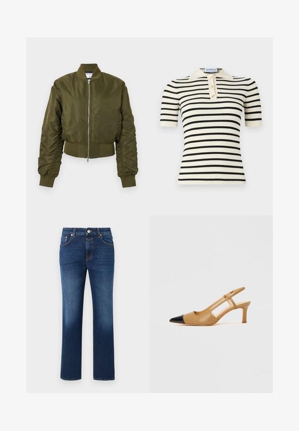 Veste bomber vert olive avec fermeture éclair à l'avant, col, poignets et ceinture côtelés, manches longues légèrement froncées.; Polo à manches courtes côtelées avec une base crème et des rayures horizontales noires. Comprend également trois boutons dorés et un col.; Jean en denim bleu foncé avec une coupe droite, conception à cinq poches et détails de couture subtils. Comprend une braguette zippée et une fermeture par bouton en métal.; Escarpins slingback couleur fauve avec embout pointu noir, côtés découpés et talon bloc de hauteur moyenne. Matière en cuir lisse.