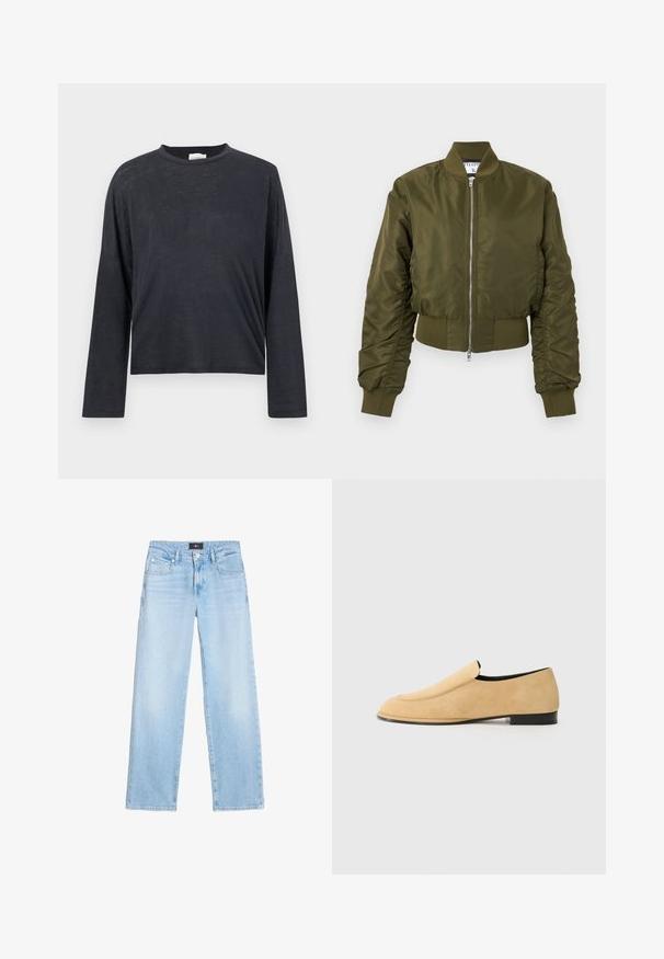 Olijfgroene bomberjack met rits aan de voorkant, geribde kraag, manchetten en tailleband, met licht gerimpelde lange mouwen.; Donkergrijze, lange mouwen, cropped t-shirt gemaakt van een lichtgewicht, licht textuurstof. Beschikt over een ronde halslijn en een losse pasvorm.; Lichtblauwe denim jeans met een losse, rechte pijpvorm, voorzien van vijf zakken en een knoopsluiting. Subtiele vervaging over het hele oppervlak.; NEOUS POLARIS - Instappers - sand
