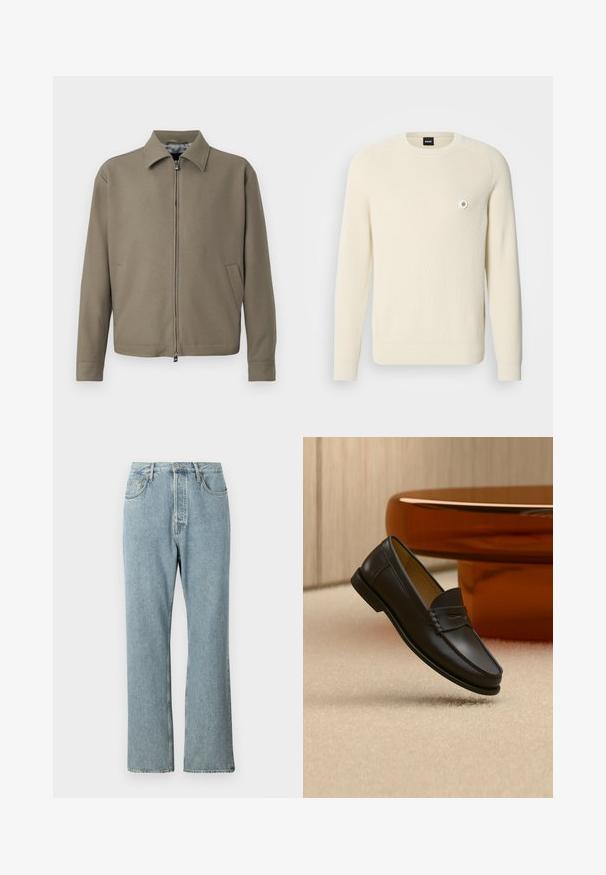 Khaki vetoketjusaakko, jossa on kaulus, valmistettu sileästä kankaasta. Varustettu sivutaskuilla ja puhtaalla, minimalistisella muotoilulla.; Kermanvärinen neule, joka on tehty ribbineuloksesta. Siinä on pyöreä pääntie, pitkät hihat ja vasemmassa rinnassa pieni pyöreä logo.; Vaaleansiniset farkut, joissa on korkea vyötärö, leveät suorat lahkeet ja yksinkertainen tikkaus. Sisältää viisi taskua ja klassisen nappikiinnityksen.; Musta nahkainen loafers-kenkä roikkuu beigen maton yläpuolella, taustalla meripihkan väristä modernia huonekalua.