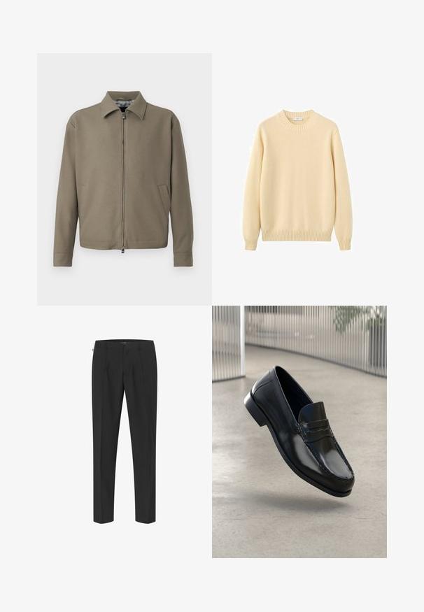 Khaki lynlåsjakke med krave, lavet af glat stof. Har sidelommer og et rent, minimalistisk design.; Creamfarvet crewneck-trøje lavet af blødt strikkemateriale. Har ribstrikkede manchetter og kant, med en glat tekstur og enkelt, minimalistisk design.; Sorte skræddersyede bukser med et elegant design, der har frontfolder, lige ben og en glat tekstur. Minimalt hardware og ingen synlige mønstre.; Sorte læder loafers med en glat finish, rundet tå, dekorative syninger og en let forhøjet ydersål.