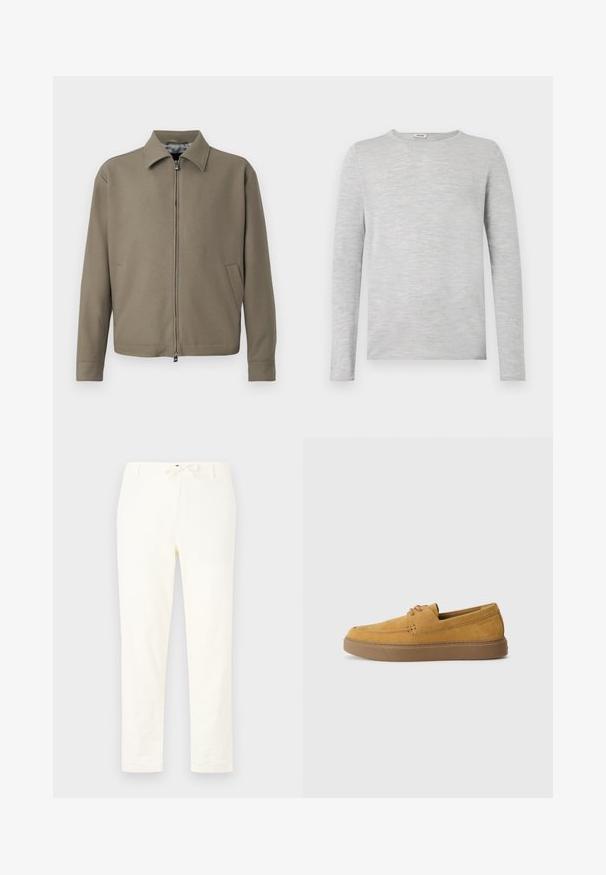 Veste zippée kaki avec col, fabriquée en tissu lisse. Dispose de poches latérales et d'un design épuré et minimaliste.; Chemise à manches longues grise en tissu doux et texturé, avec un col rond et une coupe droite, sans motifs ni accents visibles.; Pantalons en lin légers et blancs avec une taille à cordon de serrage. Conception à jambes droites, texture minimale et sans motifs ou détails matériels visibles.; Chaussures slip-on en suède marron avec une finition texturée, un bout rond et une semelle en caoutchouc contrastante. Présente une marque discrète près du talon.