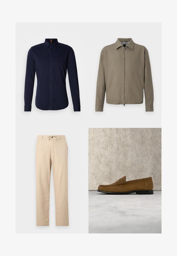 Khaki vetoketjusaakko, jossa on kaulus, valmistettu sileästä kankaasta. Varustettu sivutaskuilla ja puhtaalla, minimalistisella muotoilulla.; Tummansininen pitkähihaisessa napitettavassa paidassa on puuvillaa, klassinen kaulus, huomaamaton logo rinnassa ja napitettu hihansuu.; Vaalean beigepuiset pellavahousut, joissa on naru vyötäröllä, suora leikkaus, etutaskut ja sileä rakenne. Minimalistinen muotoilu ilman kuvioita.; Ruskea mokkanahkainen loafer mustalla pohjalla leijuu vaalean beigen maton yllä, vieressä pyöreä kiiltävä ruskea pöydänjalka.