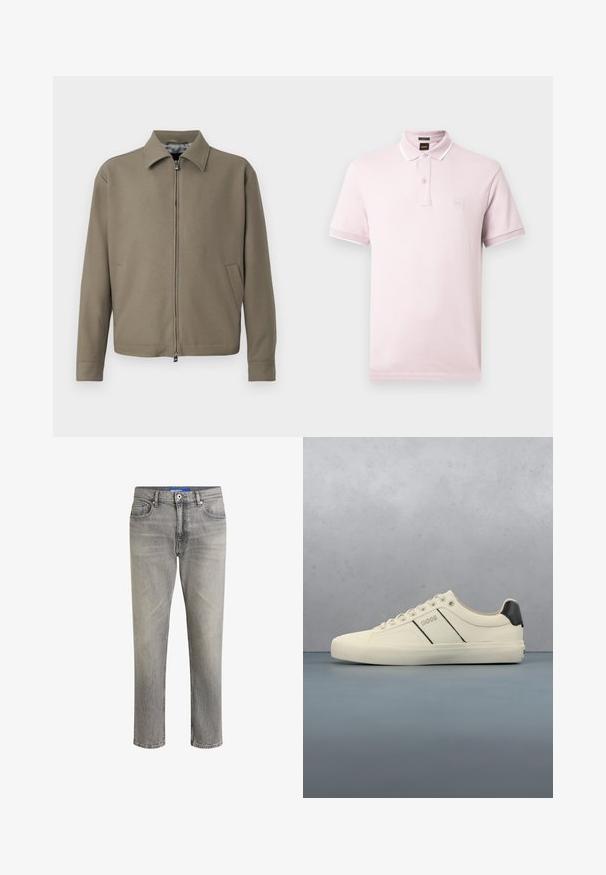 Khaki lynlåsjakke med krave, lavet af glat stof. Har sidelommer og et rent, minimalistisk design.; Lyserød polo i bomuld med knapped krave, korte ærmer og et lille logopatch på brystet. Hvide detaljer på kraven.; Grå denim jeans med afslappet pasform, der har en knaplukning, fem lommer og en subtil falmet tekstur.; Cremefarvede sneakers med en glat tekstur, der har sorte accenter og branding. Klassisk snørebåndsdesign med rund tå og gummisål.