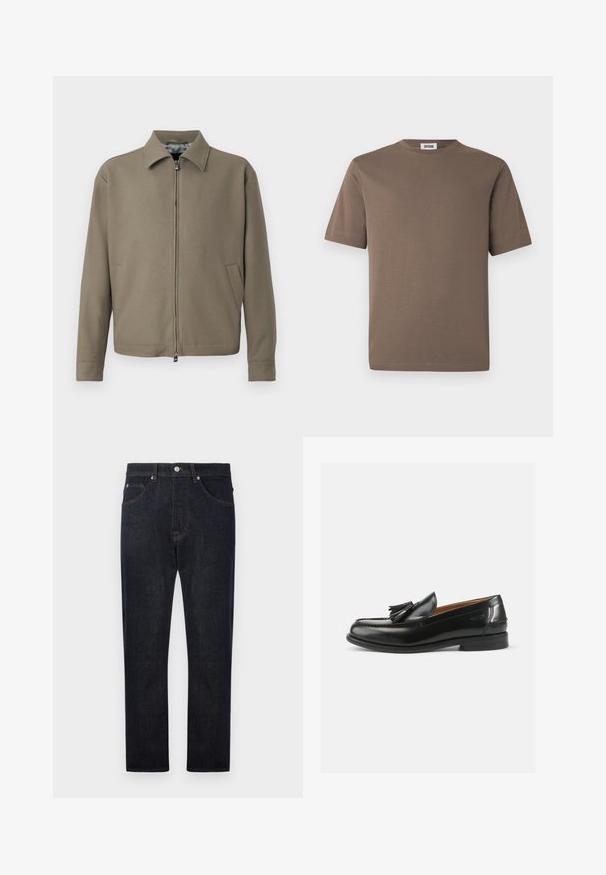 Khaki ritsjack met kraag, gemaakt van soepele stof. Beschikt over zijzakken en een strak, minimalistisch ontwerp.; Bruin katoenen T-shirt met korte mouwen, ronde hals en een gladde textuur. Heeft een rechte zoom en een minimalistisch ontwerp.; Donkerblauwe denim jeans met een recht model, voorzien van vijf zakken, contrasterende oranje stiksels en een knoopsluiting bij de taille.; Zwarte leren instappers met een kwastaccent, een ronde neus en een gladde afwerking. De zool is plat met een minimaal profiel.