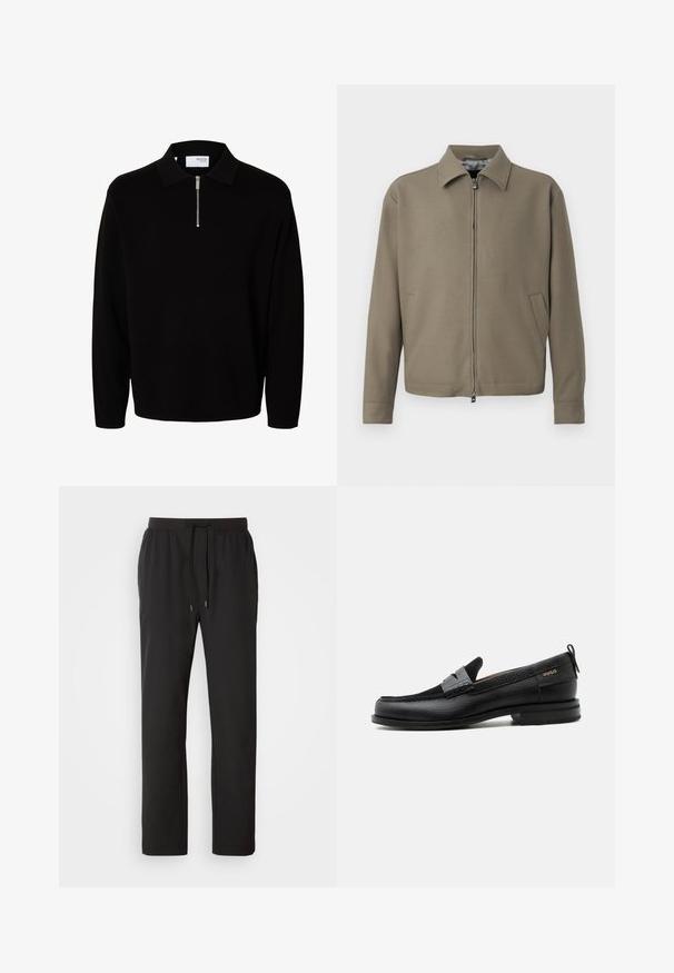 Khaki värvi lukuga jakk, millel on krae, valmistatud siledast kangast. Omab küljetaskuid ja puhtast, minimalistlikust disainist.; Mustast pikast varrukast kootud pullover kraega ja lühikese eesmise lukuga, meeste jaoks loodud.; Mustad mustad spordipüksid, mis on valmistatud kergeks kangast, elastse vöökoha ja reguleeritavate nööridega ning küljetaskutega. Sile tekstuur.; Must nahast loafer halli rihma detailiga, madala kand ja tekstuurse tallaga, külgedel kuldse "HUGO" brändiga.
