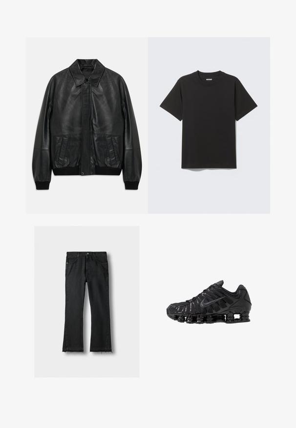Sort lærjakke med frontlommer, ribbede manchetter og talje, der har en spidse krave og skjult frontlukning.; Simpel sort kortærmet bomulds T-shirt med rund halsudskæring og mærket "WEEKDAY" indeni kraven på en lys grå baggrund.; Sorte denimjeans med lige ben, forlommer og rå, frynset kant, lagt fladt på en lys baggrund.; Sorte atletikskoser lavet af mesh og syntetiske materialer, med et karakteristisk bølget design, sort gummisål og reflekterende detaljer.