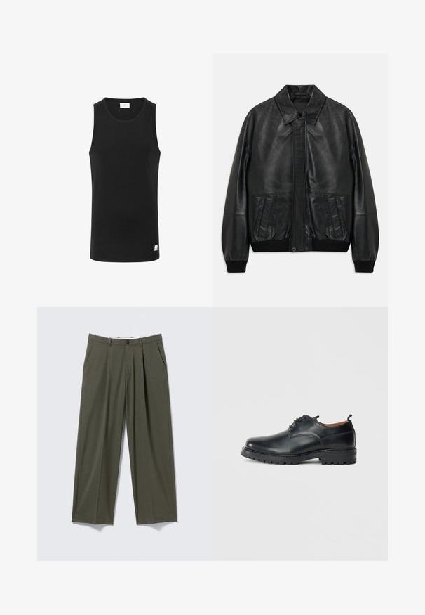 Sort lærjakke med frontlommer, ribbede manchetter og talje, der har en spidse krave og skjult frontlukning.; Sort ærmeløs tanktop lavet af ribbet stof, med rund halsudskæring og et lille logo på kanten. Simpel, tætsiddende design.; Oliven grønne bukser med lige ben, forreste plisseringer, sidelommer, bæltestropper og knaplukning i taljen.; Sorte læder derby-sko med en glat overflade, rund tå, snøre-design og en tyk, robust gummisål.