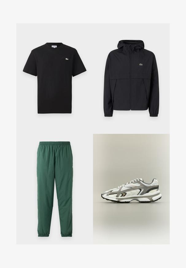 Chaqueta cortaviento negra con cremallera y capucha, puños elásticos, bolsillos laterales y pequeño logo de cocodrilo verde en el pecho.; Camiseta de algodón negra con cuello redondo. Presenta un pequeño logo de Lacoste bordado en verde y blanco en el pecho. Mangas cortas, corte regular.; Pantalones verdes, ligeros y elásticos con cintura y puños fruncidos, hechos de un material suave y resistente al agua.; Zapatilla deportiva con una parte superior de malla blanca, acentos grises, suela de goma negra y un diseño aerodinámico. Presenta cordones y detalles texturizados.