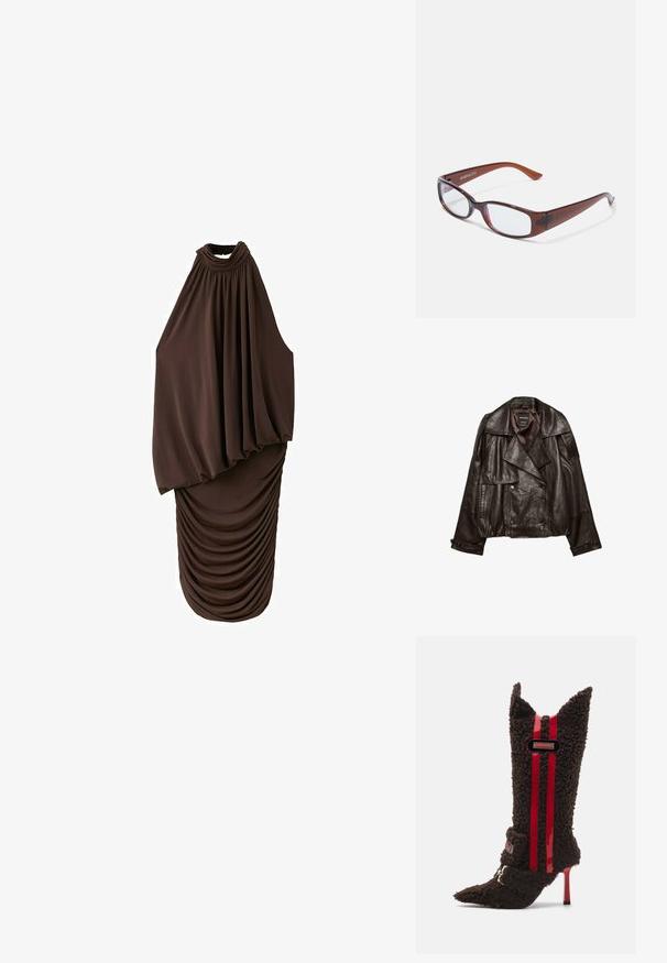 Veste en cuir coupée de couleur brun foncé avec larges revers, fermeture croisée à boutons, et poignets à boutons, étalée à plat sur fond blanc.; Robe midi marron foncé sans manches avec col haut, haut drapé ample et bas de jupe froncé et ajusté.; Bottines à talons aiguilles en faux fourrure marron, avec des pointes effilées, ornées de rayures en cuir verni rouge et d'un accent de logo au niveau de la cheville. Tissu texturé.; Lunettes rectangulaires teintées de brun avec une finition brillante, dotées de branches fines et de verres transparents. Logo visible sur la branche gauche.