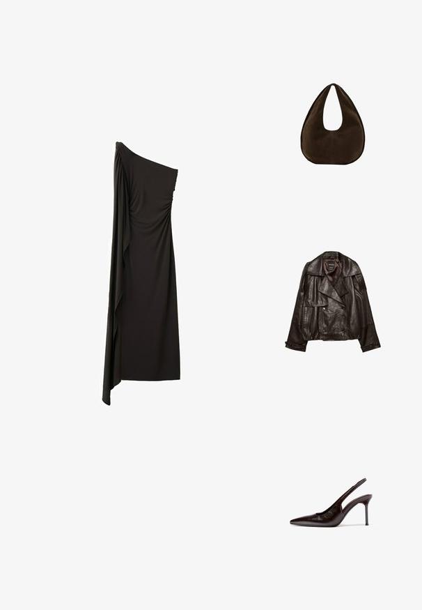 Veste en cuir coupée de couleur brun foncé avec larges revers, fermeture croisée à boutons, et poignets à boutons, étalée à plat sur fond blanc.; Robe de soirée noire à une épaule avec un tissu drapé asymétriquement s'étendant de l'épaule à l'ourlet.; Chaussure à talon haut pour femmes en cuir marron foncé, avec bride arrière, bout pointu et talon aigu slim, sur fond blanc.; Sac à main en daim marron foncé en forme de croissant avec une seule sangle large et une texture lisse sur fond blanc.