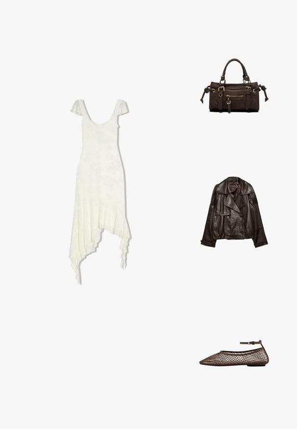 Veste en cuir coupée de couleur brun foncé avec larges revers, fermeture croisée à boutons, et poignets à boutons, étalée à plat sur fond blanc.; Robe en dentelle florale ivoire clair avec manches volantées, encolure en V, corsage ajusté et ourlet asymétrique à volant.; Chaussure plate marron en mesh à bout pointu avec bride à la cheville et boucle argentée, présentée de profil sur un fond blanc.; Sac à main en cuir marron foncé avec double poignée, poche avant zippée, boucles décoratives et nœuds latéraux sur fond blanc.