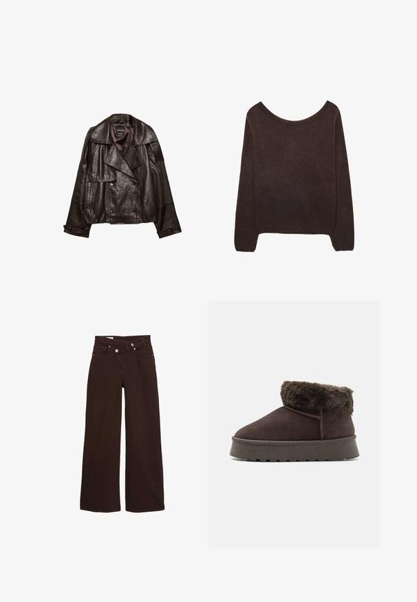 Mørkebrun cropped læderjakke med brede revers, dobbeltknappet lukning og knappede manchetter lagt fladt på hvid baggrund.; Brun strikket sweater med off-shoulder halsudskæring, lange ærmer og ribbede manchetter. Blød tekstur med en glat overflade.; Brune vide ben jeans med høj talje, front lynlås og knaplukning, der har for- og baglommer.; Brune ruskind ankelstøvle med kunstig pelskrave, rund tå og tekstureret gummisål. Har enkel søm og et lavprofil design.
