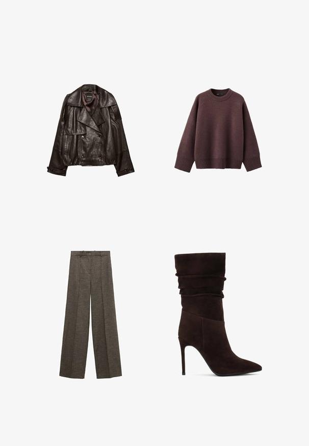 Mørkebrun cropped læderjakke med brede revers, dobbeltknappet lukning og knappede manchetter lagt fladt på hvid baggrund.; Løs pasform sweater i mørk bordeaux, lavet af blødt strikket stof. Har en ribstrikket rund hals, vide ærmer og en ribstrikket kant.; Brune vidde bukser med for-rynker, bæltestropper og et struktureret stof.; Brune ruskinds ankelstøvle med en slouchy overdel, spids tå og høj stilettohæl. Har en struktureret overflade og en glat silhuet.