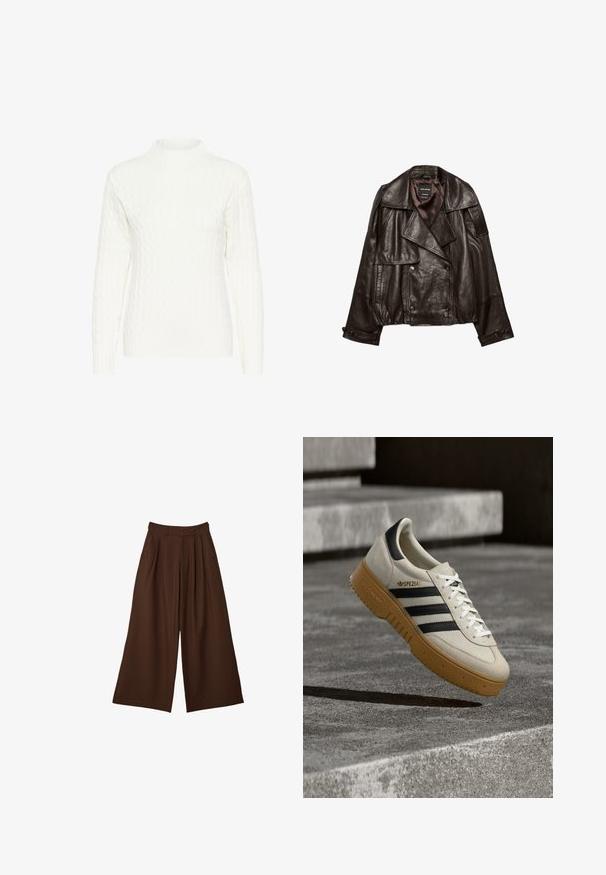 Veste en cuir coupée de couleur brun foncé avec larges revers, fermeture croisée à boutons, et poignets à boutons, étalée à plat sur fond blanc.; Pull en maille torsadée blanche avec un col montant, des manches longues et un motif texturé. Le tissu semble doux et légèrement extensible.; Pantalon large marron avec des plis, poches latérales et taille haute avec passants de ceinture, présenté sur un fond blanc.; Baskets en daim beige avec des rayures noires, des lacets blancs et une semelle en caoutchouc gomme. Présente un logo "SPEZIAL" sur le côté.