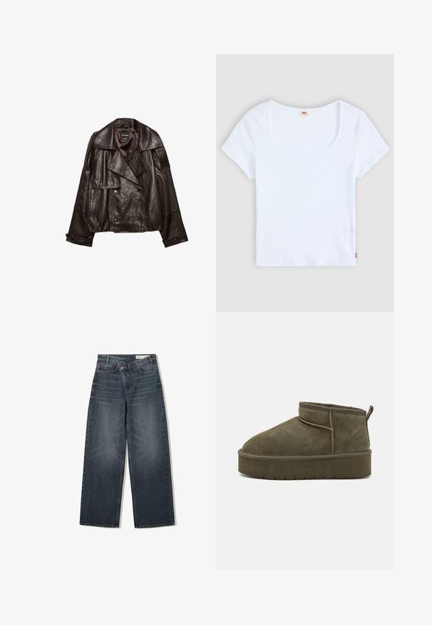 Dunkelbraune, kurz geschnittene Lederjacke mit breiten Revers, doppelreihiger Knopfleiste und geknöpften Manschetten, flach auf weißem Hintergrund ausgelegt.; Weiße kurzärmelige Bluse mit quadratischem Ausschnitt, aus geripptem Stoff. Mit einem kleinen roten Logoschild auf der unteren linken Seite.; Dunkel waschjeans mit weitem Bein, hoher Taille, fünf Taschen und dezenten Abnutzungen an der Vorderseite.; Olivgrüne Wildleder-Ankle-Boots mit runder Zehenform, genähten Details und einer dicken Sohle mit strukturiertem Muster. Kleiner Ziehstrippe hinten.