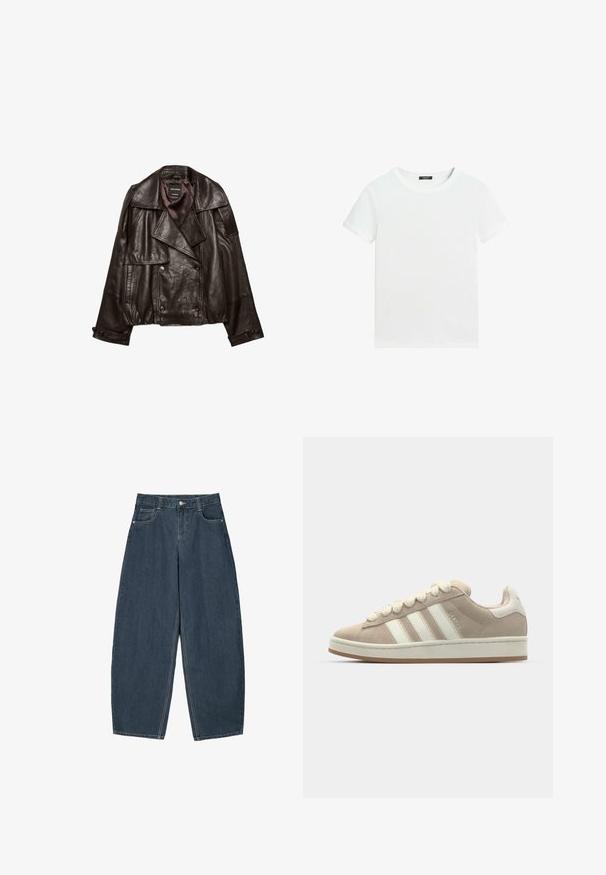 Mørkebrun cropped læderjakke med brede revers, dobbeltknappet lukning og knappede manchetter lagt fladt på hvid baggrund.; Almindelig hvid T-shirt med korte ærmer, rund halsudskæring og lille sort label inden i kraven.; Mørkeblå denim buede bukser med høj talje, som har fem lommer og synlige stingdetaljer. Ren, minimalistik design.; Nubuck sneakers i tan med hvide læderstriber og snørebånd, gummiydersål, polstret krave og teksturerede detaljer på oversiden.
