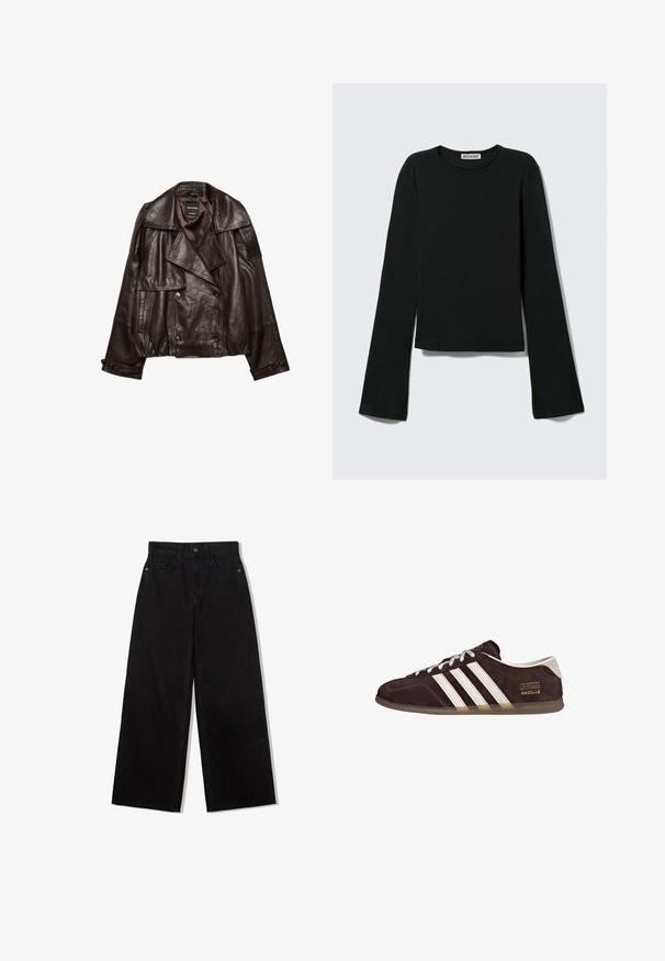 Veste en cuir coupée de couleur brun foncé avec larges revers, fermeture croisée à boutons, et poignets à boutons, étalée à plat sur fond blanc.; T-shirt noir à manches longues avec col rond, silhouette ajustée et manches légèrement évasées, étiqueté avec la marque "Weekday" au niveau de l'encolure.; Jeans noirs à jambes larges en denim avec une taille haute, présentant un design à cinq poches et une fermeture à un bouton à l'avant.; Baskets en suède marron avec trois bandes blanches, semelle en caoutchouc, et étiquette avec le texte "Gazelle" en or. Fermeture à lacets avec lacets gris.