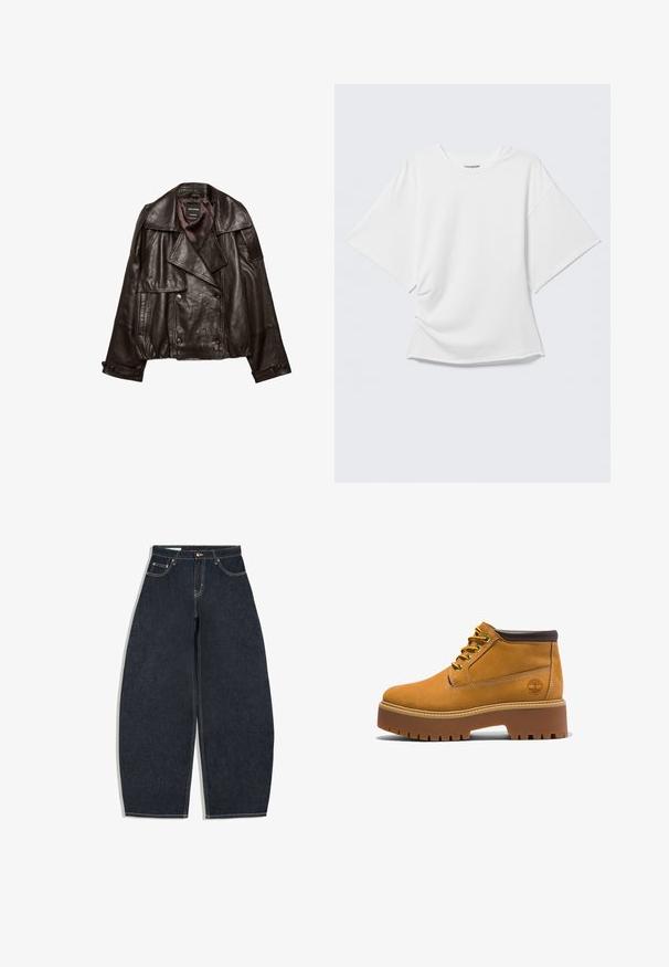 Dunkelbraune, kurz geschnittene Lederjacke mit breiten Revers, doppelreihiger Knopfleiste und geknöpften Manschetten, flach auf weißem Hintergrund ausgelegt.; Weißes kurzärmeliges Oversized T-Shirt mit Rundhalsausschnitt, dargestellt vor hellem grauem Hintergrund.; Dunkelblaue Jeans mit weitem Bein, hoher Taille, vorderem Knopf, Reißverschluss und Fünf-Taschen-Design auf weißem Hintergrund.; Tanfarbene Leder-Stiefeletten mit abgerundetem Zehenbereich, braunen Akzenten, dicker Plateau-Sohle und kontrastierenden gelben Schnürsenkeln. Mit einem Logo an der Seite.