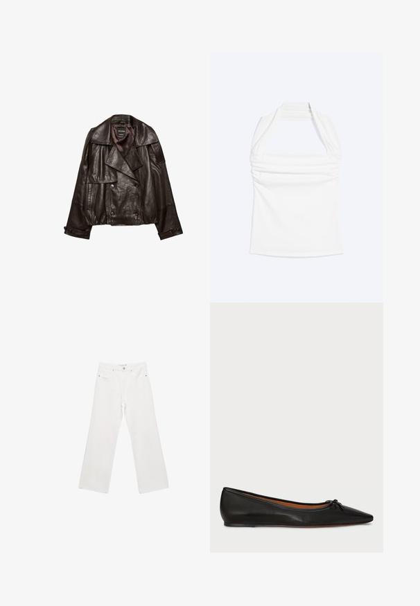 Veste en cuir coupée de couleur brun foncé avec larges revers, fermeture croisée à boutons, et poignets à boutons, étalée à plat sur fond blanc.; Haut blanc à col licou avec encolure droite et détails froncés sur la poitrine, présenté sur un fond uni clair.; Pantalons en denim blanc à larges jambes avec un design classique à cinq poches, matériel en métal et coutures contrastées. Texture lisse et coupe décontractée.; Ballet flat en cuir noir avec un bout pointu, une silhouette élancée et un petit nœud à l'avant. Texture lisse et design minimal.