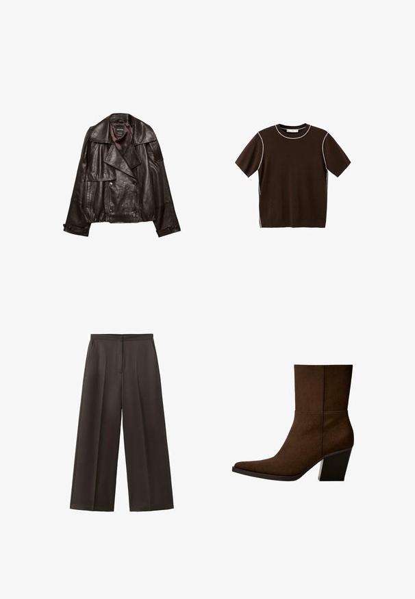 Veste en cuir coupée de couleur brun foncé avec larges revers, fermeture croisée à boutons, et poignets à boutons, étalée à plat sur fond blanc.; Chemise en tricot à manches courtes de couleur marron foncé avec bordure blanche le long de l'encolure, des coutures d'épaule et des côtés, présentée sur un fond blanc.; Pantalon noir à jambes larges avec taille haute, plis avant et poches latérales, conçu pour une tenue formelle ou professionnelle.; Bottine en suède marron avec un orteil pointu et un talon épais, présentant un design minimaliste et une texture lisse sur fond blanc.