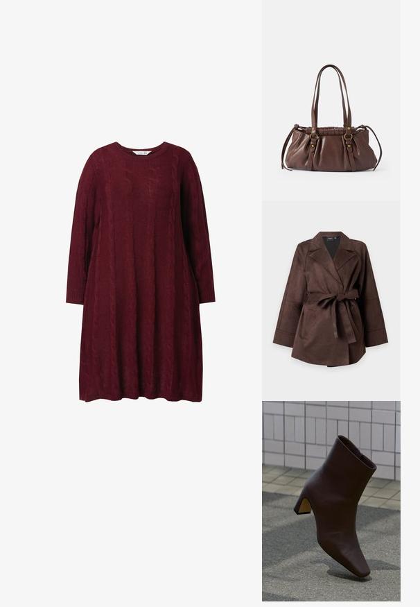 Chaqueta de ante marrón oscuro con solapas anchas, mangas largas, bolsillos delanteros y cinturón atado a la cintura sobre un fondo liso.; Vestido de punto burdeos con cuello redondo, mangas largas y patrón de trenzado. Corte holgado, con puños y dobladillo de canalé.; Bota de cuero marrón oscuro para el tobillo con tacón bloque, sobre pavimento texturizado, pared con azulejos claros al fondo.; Bolso de cuero marrón con dos asas largas, diseño acanalado, acentos de hardware en tono dorado y un acabado texturizado.