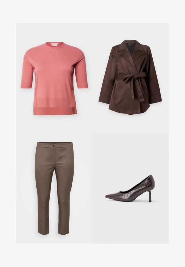 Veste en daim brun foncé avec larges revers, manches longues, poches avant et ceinture nouée à la taille sur un fond uni.; Haut rose à manches courtes en maille avec un col rond et un ourlet côtelé, présentant un effet superposé avec un panneau de tissu plus long en dessous.; Pantalon taupe ajusté, fabriqué dans un tissu texturé, présentant une fermeture à bouton et un design ajusté avec des jambes droites et sans poches visibles.; Escarpins à bout pointu en similicuir marron avec une texture crocodile, dotés d’un talon fin et angulaire ainsi que d’une doublure intérieure lisse.
