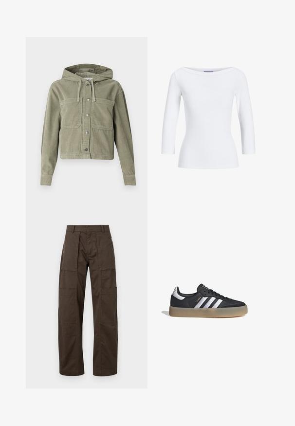 Oliven grøn kordfløjljakke med hætte, der har knappelukning, to brystlommer og ribbet tekstur. Kort, tætsiddende design.; Hvid, ribbet langærmet top med bådudskæring. Stoffet er glat, tætsiddende og har en ren afslutning ved manchetterne og kanten.; Brune cargo bukser lavet af holdbart stof med flere lommer, en afslappet pasform og fremtrædende syninger for øget holdbarhed.; Sort læder atletiksko med tre sølvstriber, en struktureret tå og en gummisål. Har en polstret krave og snørebåndsdesign.