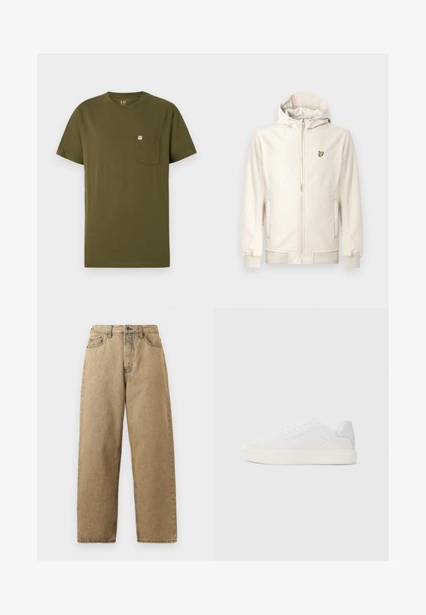 Chaqueta con capucha color beige claro hecha de tela suave. Cuenta con cremallera frontal, bolsillos laterales, puños acanalados y un pequeño logo bordado en el pecho.; Camiseta de algodón verde oliva con cuello redondo, mangas cortas y un bolsillo en el pecho izquierdo que presenta una pequeña etiqueta de la marca. Textura suave.; Jeans de mezclilla color beige con un diseño de pierna recta, que cuentan con cierre de cremallera, trabillas para el cinturón y costuras en contraste. Sin patrones destacados ni detalles de herrajes.; Zapatilla blanca con parte superior de sintético suave, punta redonda y suela blanca plana. Presenta costuras tonales y un branding minimalista en el costado.