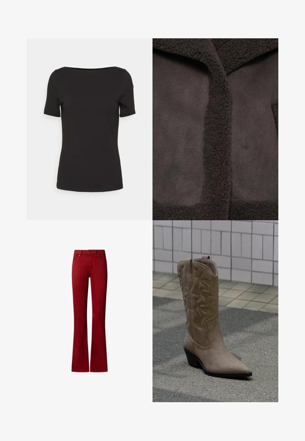 Chaqueta marrón con un cuello texturizado y esponjoso y tejido liso. El diseño incluye una apertura central y una estética minimalista.; Camiseta negra de manga corta con escote cuadrado, hecha de una tela suave, con un diseño ajustado y sin patrones ni acentos visibles.; Pantalones rojos estilo bootcut con botón frontal, cremallera y diseño de cinco bolsillos, mostrados sobre un fondo blanco.; Bota vaquera alta de ante beige con costuras decorativas y detalles de tachuelas, con punta puntiaguda y tacón negro inclinado sobre pavimento.