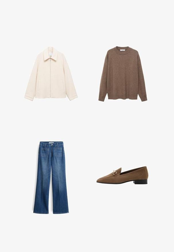 Mango Lichte jas - off-white; Bruin gebreid sweater met een ronde halslijn en lange mouwen. Kenmerkt zich door een relaxte pasvorm en geribbelde manchetten en zoom voor extra textuur.; Wijde blauwe denim jeans met een middelhoog taille, twee achterzakken en subtiele stikdetails, gemaakt van een stevige katoenmix.; Bruine suède loafer met een puntige neus en een klein zwart hakje. Voorzien van een decoratieve band met een gouden metalen detail.