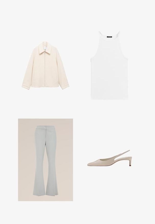 Mango Lichte jas - off-white; Witte mouwloze tanktop met dunne bandjes en een hoge halslijn, plat gelegd op een witte achtergrond.; Lichtgrijze uitlopende broek van een gladde stof, met een aansluitende taille en zijzakken, voorzien van een persnaad aan de voorkant voor extra structuur.; Beige leren slingbackschoen met puntige neus en lage blokhak, van opzij getoond op een witte achtergrond.