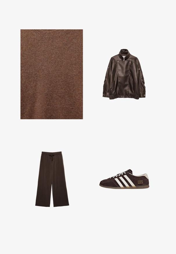 Veste de motard en cuir noir avec col montant, fermeture éclair asymétrique à l'avant, détails à boutons-pression et ceinture ajustable à la taille.; Pull marron en laine tricotée avec encolure ras du cou côtelée et tissu à texture douce.; Pantalons larges marron avec un waistband à cordon. Fabriqués en tissu doux, avec des coutures verticales à l'avant pour un détail supplémentaire.; Baskets en suède marron avec trois bandes blanches, semelle en caoutchouc, et étiquette avec le texte "Gazelle" en or. Fermeture à lacets avec lacets gris.