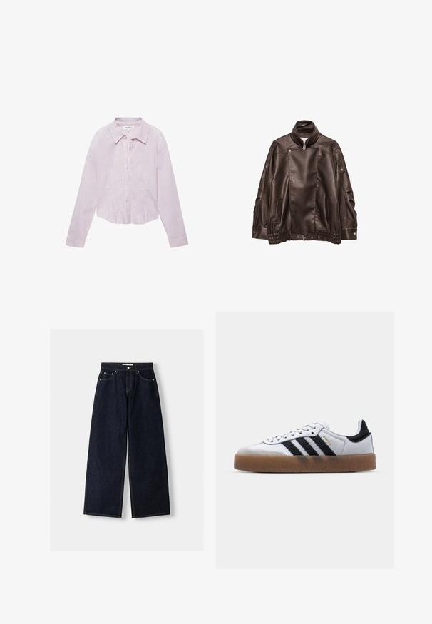 Veste de motard en cuir noir avec col montant, fermeture éclair asymétrique à l'avant, détails à boutons-pression et ceinture ajustable à la taille.; Chemise à manches longues boutonnée à rayures verticales rose clair et blanches, avec col et poignets, ourlet légèrement raccourci.; Jean large en denim bleu foncé à taille haute, avec cinq poches, des coutures contrastées et des éléments en métal argenté. Texture lisse et finition soignée.; Baskets en cuir blanc avec des rayures noires, semelle extérieure en caoutchouc beige, bout rond, fermeture lacée et embout en suède gris doux.