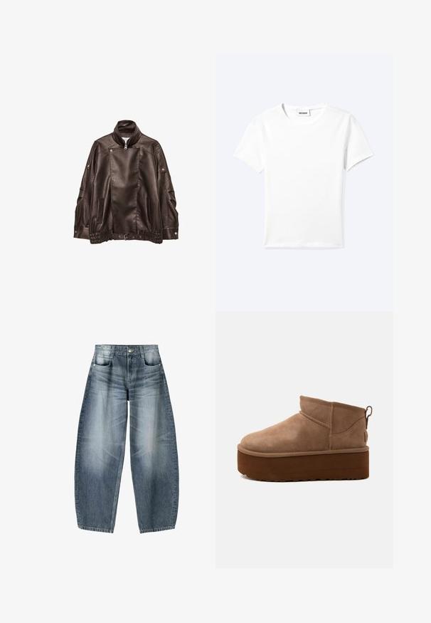 Veste de motard en cuir noir avec col montant, fermeture éclair asymétrique à l'avant, détails à boutons-pression et ceinture ajustable à la taille.; T-shirt blanc uni à manches courtes et col rond avec une petite étiquette "WEEKDAY" à l'intérieur de l'encolure, présenté à plat sur un fond clair.; Jean en denim bleu délavé à coupe ample avec cinq poches et fermeture par bouton, montrant des plis naturels et des détails usés.; Bottine marron en daim de hauteur moyenne, style slip-on, avec une semelle épaisse compensée et un onglet à l’arrière sur fond clair.