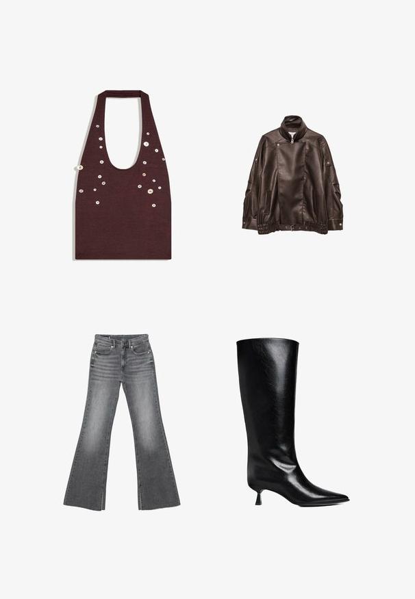Veste de motard en cuir noir avec col montant, fermeture éclair asymétrique à l'avant, détails à boutons-pression et ceinture ajustable à la taille.; Haut sans manches marron foncé avec un décolleté en U profond, décoré de petits boutons blancs éparpillés sur les côtés avant.; Jean en denim gris délavé avec taille haute, bouton à l'avant et fermeture éclair, doté de jambes évasées larges et de poches avant et arrière.; Boot en cuir noir, montant jusqu'au genou, avec un bout pointu, une silhouette élancée et un talon carré bas, le tout avec une finition brillante.