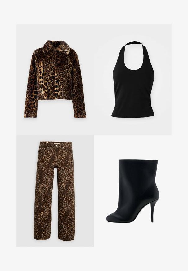 Noisy May Faux fur - Zimná bunda - mocha bisque; Čierny top na viazanie za krk vyrobený z jemnej tkaniny, s výstrihom vo forme lulky a priliehavým strihom, hladkej textúry a bez viditeľných vzorov.; Džínsy s potlačou leopardieho vzoru, široké nohavice v hnedej a béžovej farbe. Vyrobené z denimu, s klasickým dizajnom piatich vreciek a kovovými detailmi.; Čierna členková topánka z hladkého syntetického materiálu s priliehavým strihom, zaoblenou špičkou a vysokým ihličkovým opätkom pre zvýšenie výšky.
