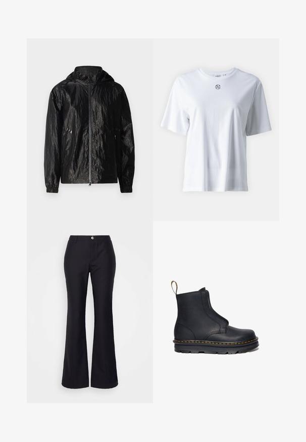 Schwarze, strukturierte, leichte Jacke mit Kapuze und Reißverschluss. Verfügt über elastische Bündchen und zwei seitliche Taschen mit Reißverschlüssen.; Weißes Baumwoll-T-Shirt mit kurzen Ärmeln und Rundhalsausschnitt. Mit einem kleinen schwarzen Logo, das auf der Brust zentriert ist. Glatte Textur, lässiges Design.; Won Hundred CORETTA - Stoffhose - black; Schwarze Leder-Stiefelette mit elastischen seitlichen Einsätzen, runder Zehenform, kontrastierenden gelben Nähten und einer robusten Gummisohle.
