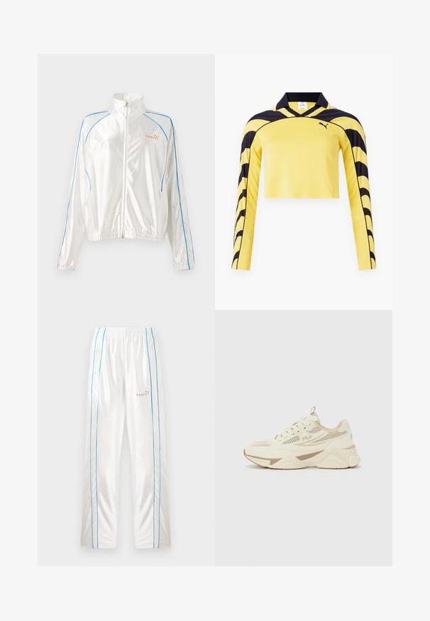 Hvid zip-up jakke lavet af blankt materiale. Har blå accentlinjer og et orange logo på venstre brystområde. Høj krave og elastiske manchetter.; Gul, cropped langærmet trøje med sorte accenter, pæn krave og en tekstureret overflade med et dynamisk stribe mønster. Puma-logo inkluderet.; Hvide trackbukser med elastisk talje, blå sidestropper, lynlås-lommer og beige "Fenty" og Puma logoer på højre forben.; Cremefarvet og beige FILA sneaker med mesh-paneler, kraftig sål og snørebåndsdesign, vist fra siden på en ensfarvet baggrund.